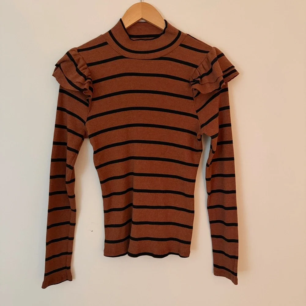 Anthropologie t.la Ruffled Turtleneck Top Brown Black Stripped Size Medium - Picture 1 of 7